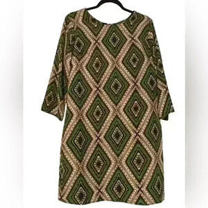 NWT Green and Gold Diamond Print Shift Dress – 3/4 Sleeve, Retro Style, Size L